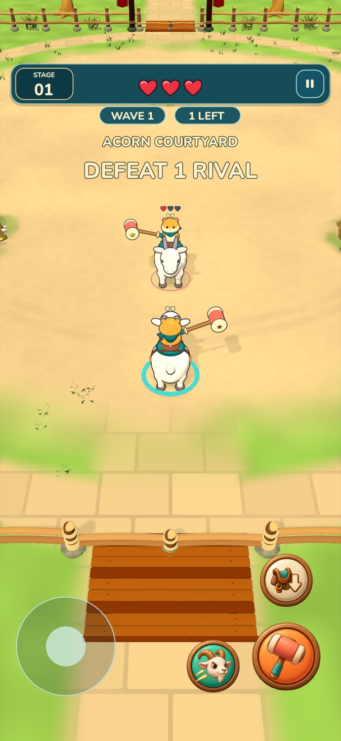 Critter Joust gameplay: hamster riders joust on goats in the Acorn Courtyard
